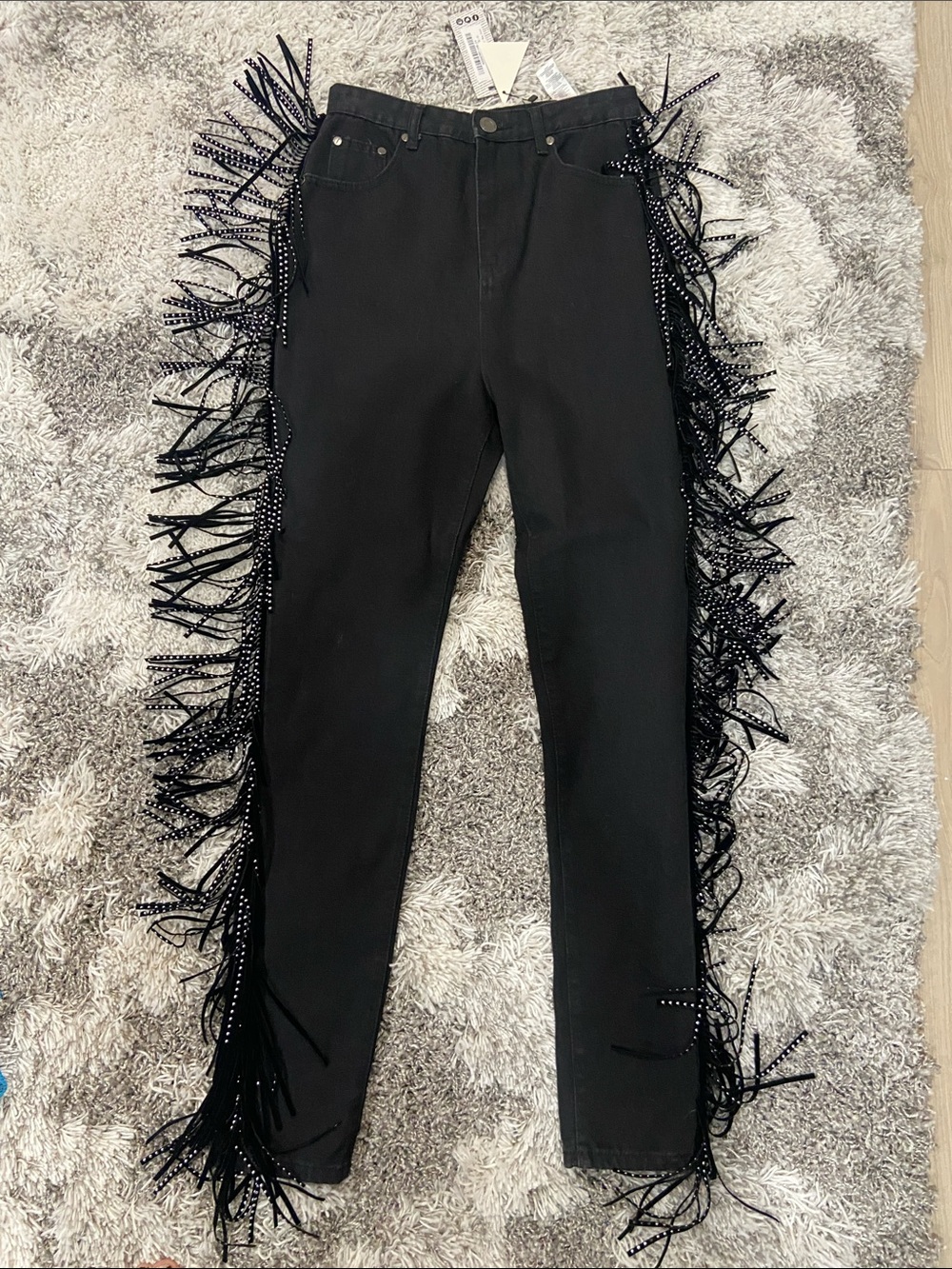 Boo Hoo Blue Black Skinny Jeans with Fringe Trim size 6